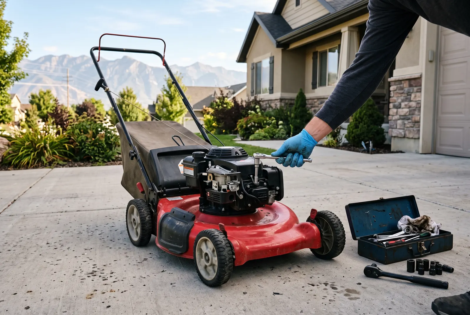 A red lawn mower getting a tune-up on a driveway