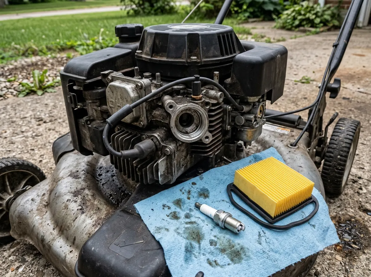 A mower engine with a new spark plug and air filter