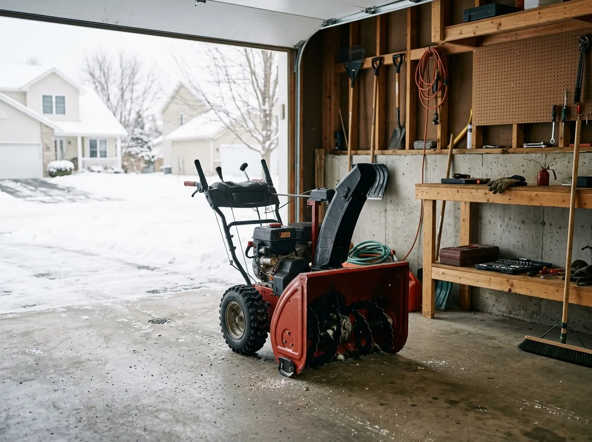 A snowblower in a garage ready for service