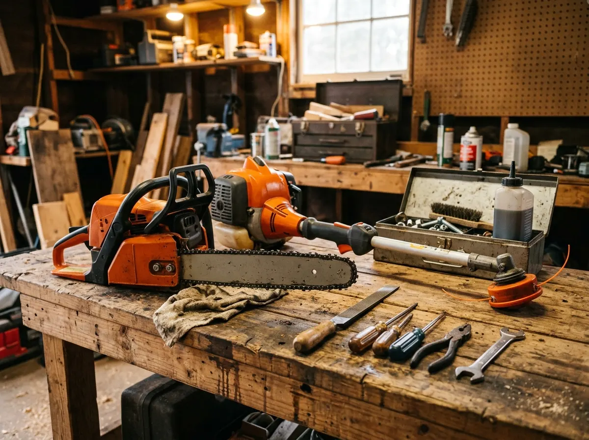 A chainsaw and trimmer on a workbench